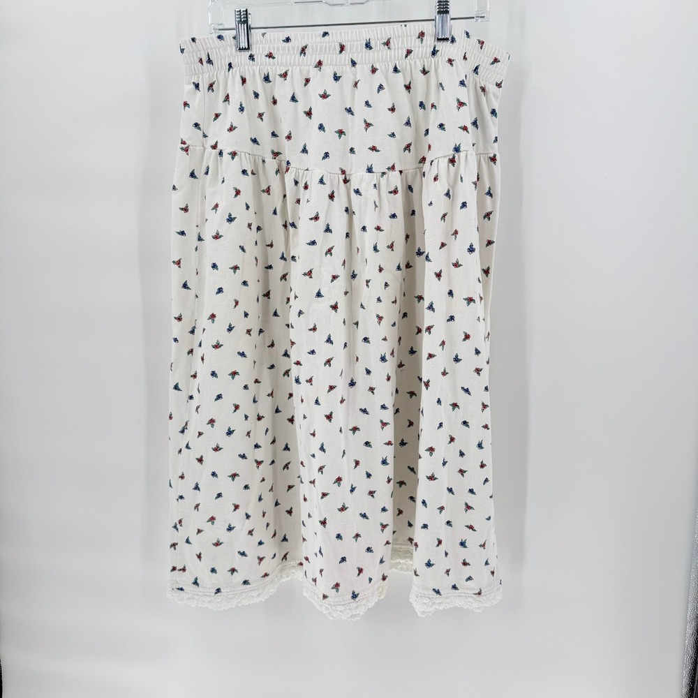 YS STUDIO Vintage Floral Midi Skirt Elastic Waist Lace Trim Cottagecore